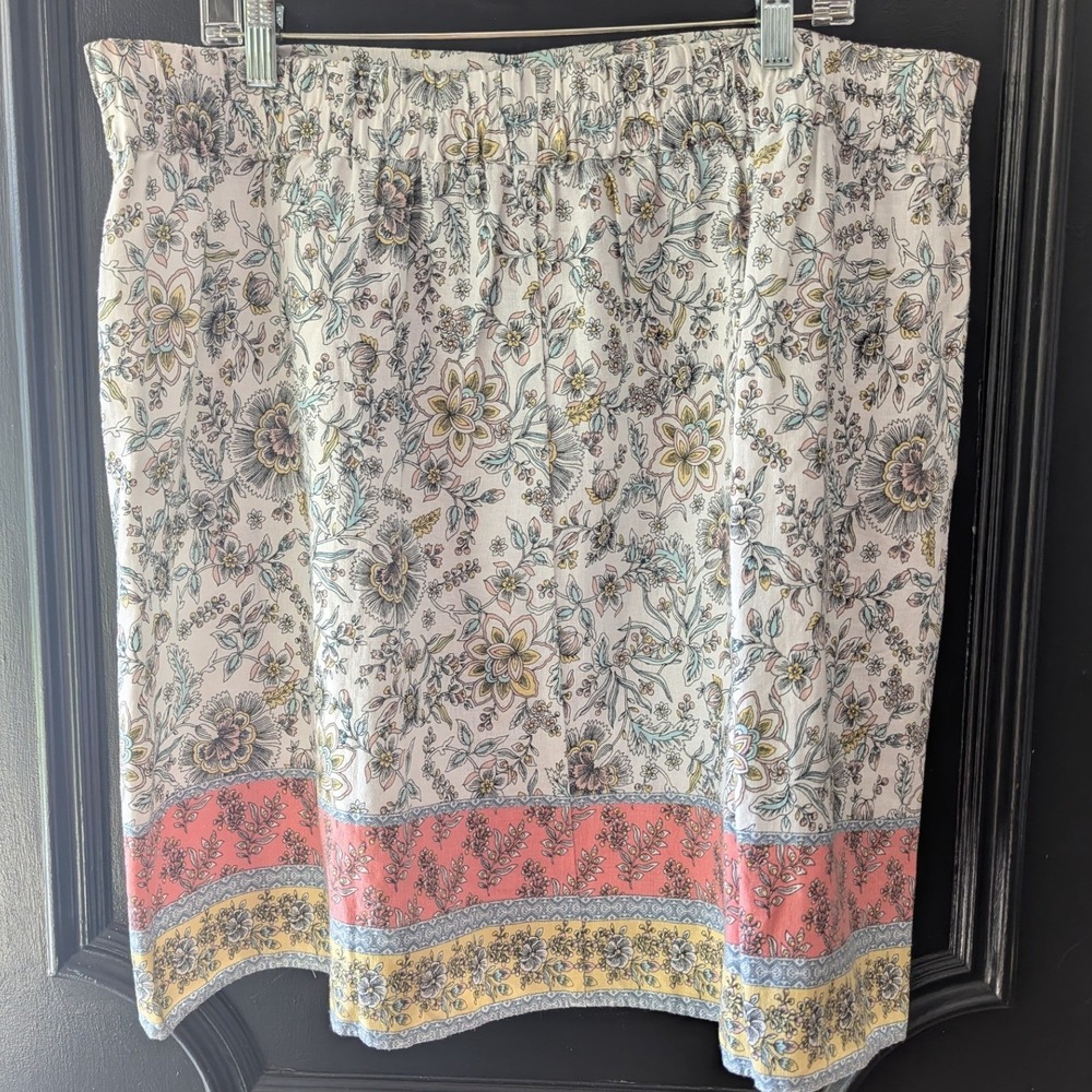 LOFT Floral A-line Skirt White Pink Linen‎ Blend Elastic Waist Pockets Women XL